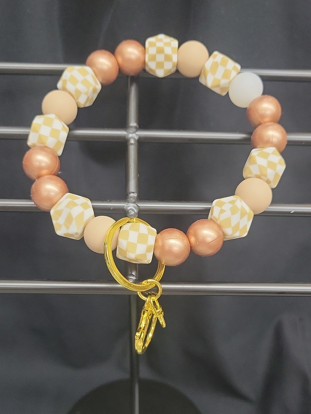 Beaded Gold & Peach Checker Charm Bracelet Keyring